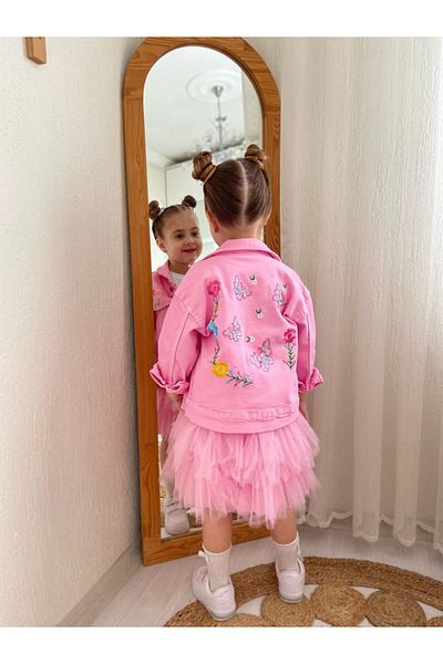 Ysferbutik Girl's Denim Jacket with Embroidery Detail