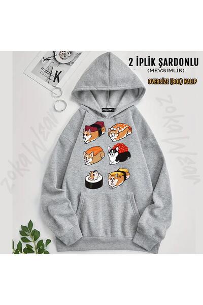 ZOKAWEAR Sushi Corgi Štampano Sa kapuljačom Oversize kroj Dukserica (2 niti)