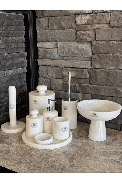 Polen Stone White Natural Marble Silver Color Accessory 9-Piece Bathroom Set with Bowl Set