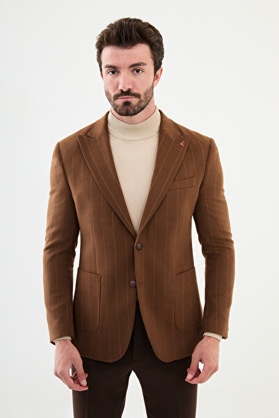 Mcr Striped Slim Fit Pocket Pocket Wide Collar Wool Men's Jacket Camel - 40392.24K