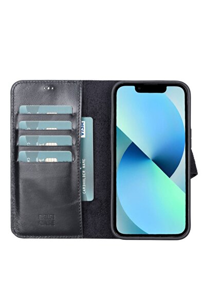 PLM Apple iPhone 13 Uyumlu Deri Cüzdanlı Kılıf Rustik Siyah