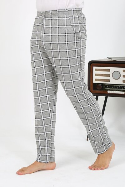 Akbeniz Сіра чоловіча піжама з начісуванням в клітинку з однотонним низом 27540