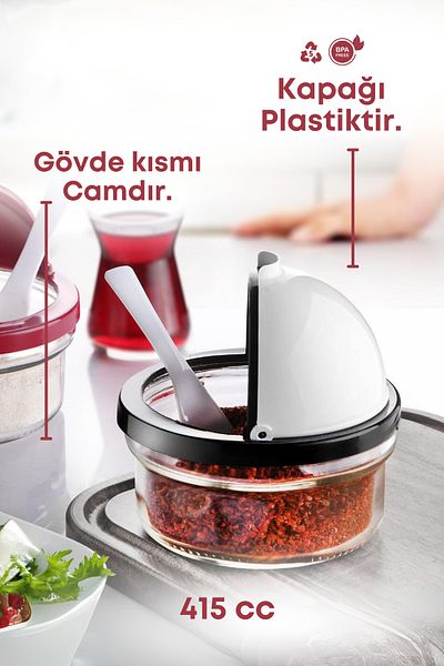 GRİMOR Life 2 Pieces Spice Bowl Set with Plastic Lid and Spoon - Salt Bowl and Sugar Bowl