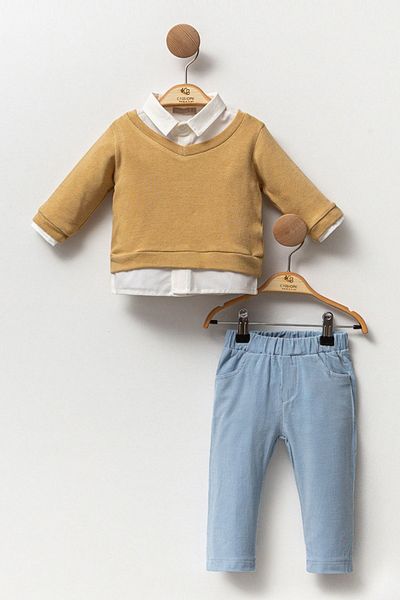 Cassiope 3-Piece Baby Boy Set with Cotton Shirt Pants and Knitwear