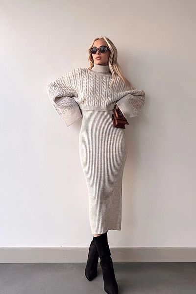 ÇEÇİM Women's Stone Neck Knit Motif Crop Sweater and Knitwear Dress Set Zyn-58745