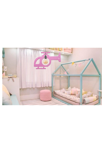 ABAJOUR Doğal Ahşap Büyük Boy 50 Cm Helikopter Tasarım Rustik Avize Pembe