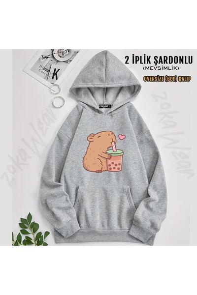 ZOKAWEAR Hanorac supradimensionat cu glugă cu imprimeu Capybara - Bubble Tea ...