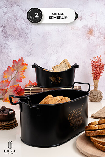 Skygo 2'li Siyah Metal Kayık Ekmeklik Seti - Kesme Tahtalı Ekmek Kutusu 32 cm...