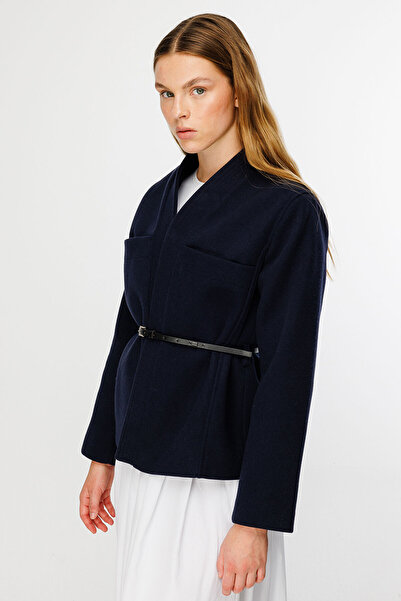 Hooopstore Navy Blue Jacket with Contrast Leather Belt