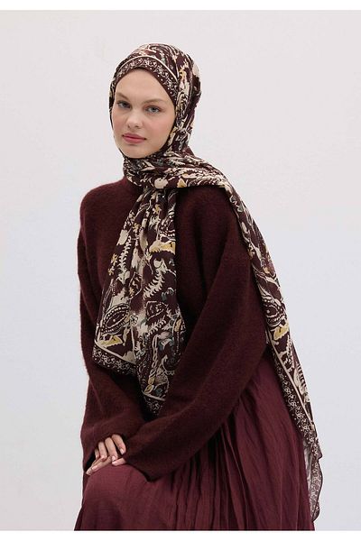 Fresh Dark Plum Color Floral Paisley Patterned Shawl