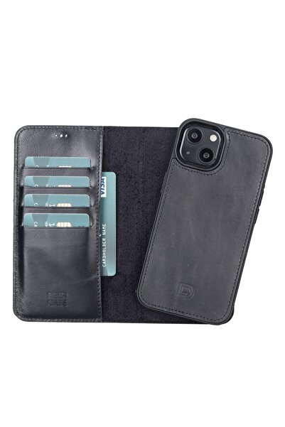 PLM Apple iPhone 13 Uyumlu Deri Cüzdanlı Kılıf Rustik Siyah