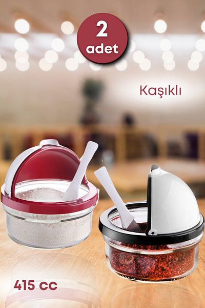 GRİMOR Life 2 Pieces Spice Bowl Set with Plastic Lid and Spoon - Salt Bowl and Sugar Bowl