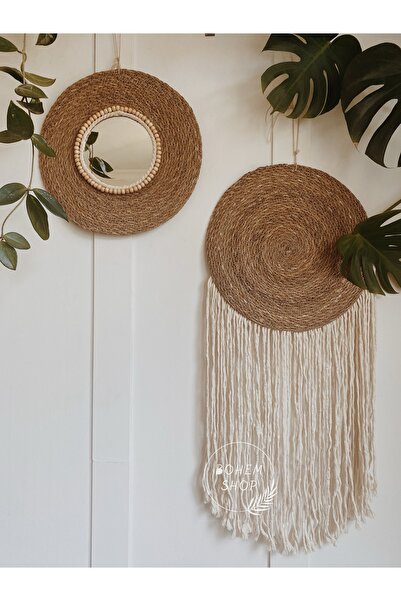 Bohem Shop 2'li Bambu Hasır Jüt Makrome Örgü Duvar Dekoru, Süsü Dekoratif Ayn...