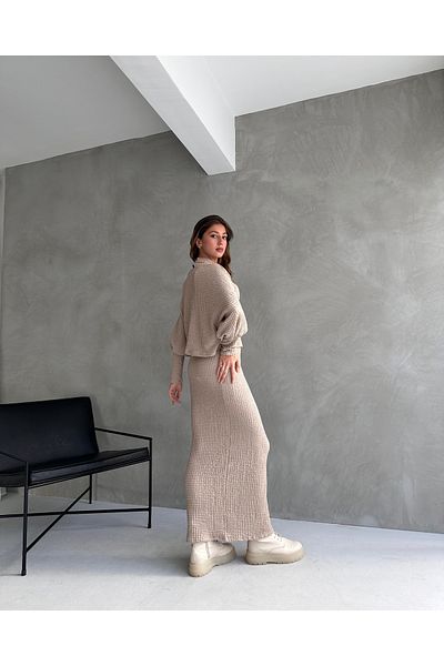Fav Style Beige Women's Set - Half Stand Collar Blouse and Slit Long Skirt