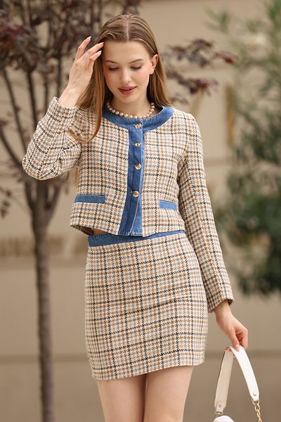 Nesil Denim Detailed Houndstooth Patterned Jacket Skirt Set