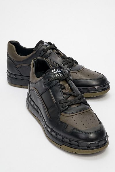 MARCOMEN Men's Comfort Casual Shoes - Thick Sole, Lace-Up, Genuine Leather Mc 20398 Black/Khaki
