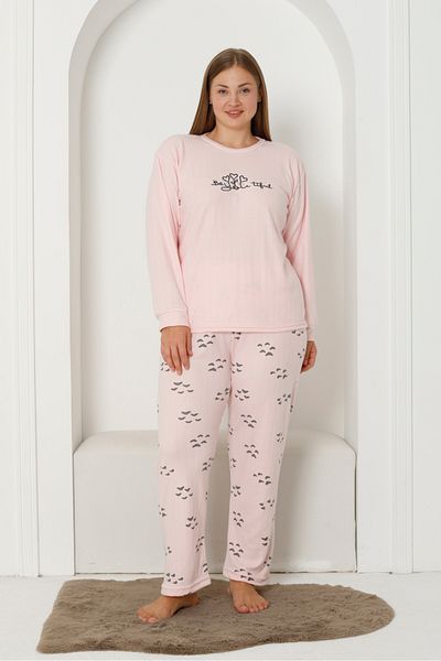 Wordex Fwn 3201 Interlock Hearts Embroidered Winter Plus Size Women's Pajamas Set