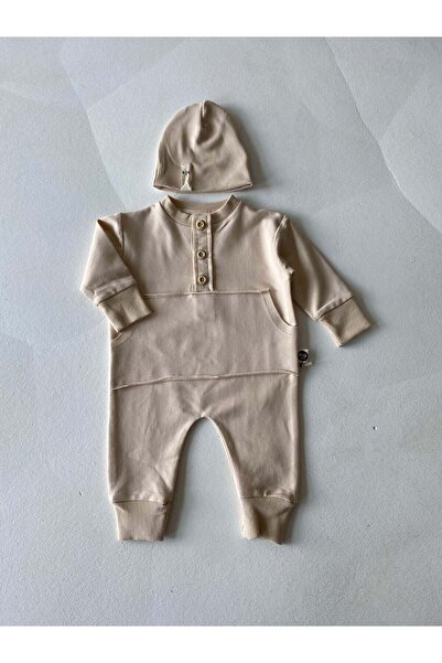 rg kidsstore Bebek Önü Kanguru Cepli ve Düğmeli Tulum-Bere 2'li Set