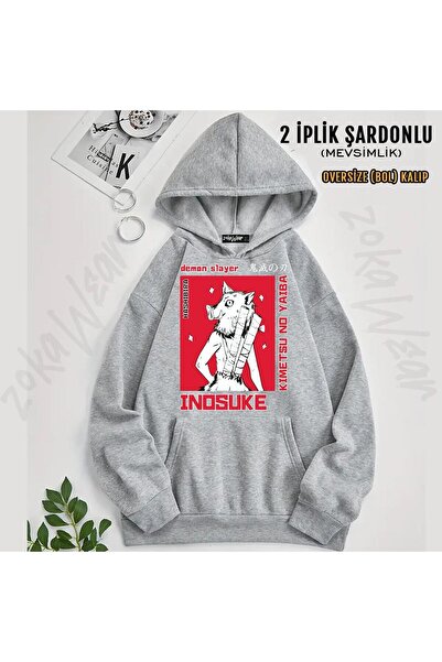 ZOKAWEAR Demon Slayer Inosuke Printed Hooded Oversize Sweatshirt (2 Thread)