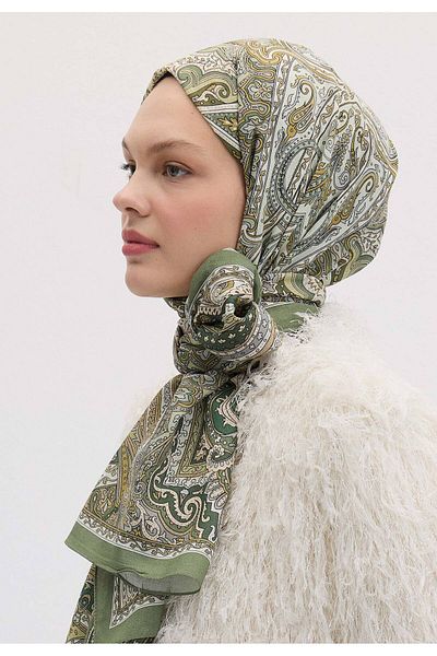Fresh Moss Green Ethnic Floral Patterned Shawl