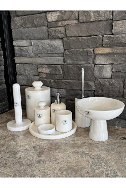 Polen Stone White Natural Marble Silver Color Accessory 9-Piece Bathroom Set with Bowl Set