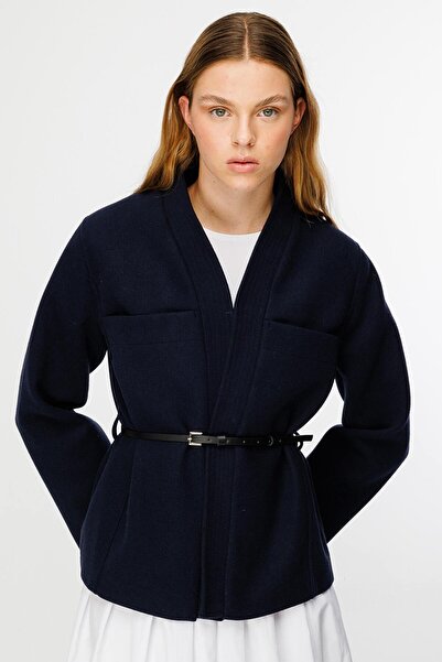 Hooopstore Navy Blue Jacket with Contrast Leather Belt