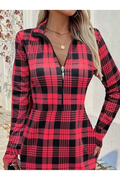 Moka Shopin Mokashopin Women's Long Sleeve Zipped Plaid Printed Diving Dress