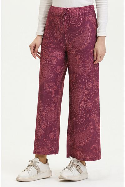 sefamerve Pantaloni cu talie elastică cu picior largi cu model de prune - 8734-01