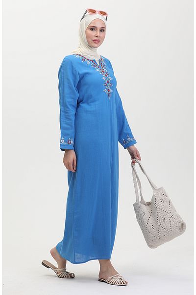 sefamerve Rochie din pânză Şile brodata albastra - 0074-07