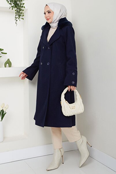 hafsamina Navy Blue Stamp Coat - Fur Collar Detail, Hm2583