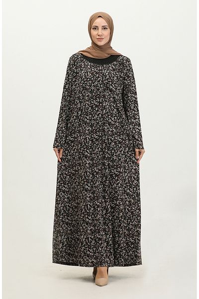 sefamerve Φόρεμα βισκόζης με λαιμόκοψη Plus Size - Μαύρο Πλακάκι 4430L-02