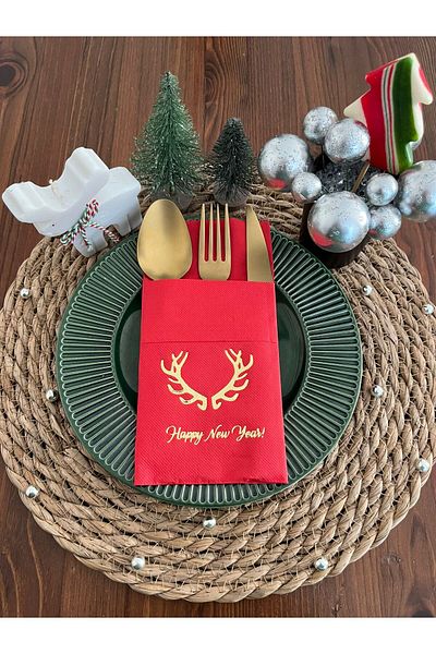kidspartim Happy New Year - Red Deer Horn Napkin with Gold Gilding 12 Pieces 40X40