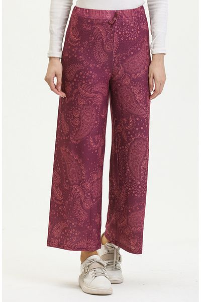 sefamerve Pantaloni cu talie elastică cu picior largi cu model de prune - 8734-01