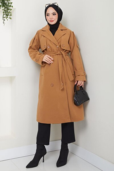 hafsamina Camel Coloured Double Breasted Coat - Buttoned and Belted, Hm2603