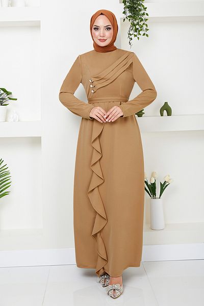 ModaMerve Rochie de seară Hijab Drapată Latte - 12241PL940-M