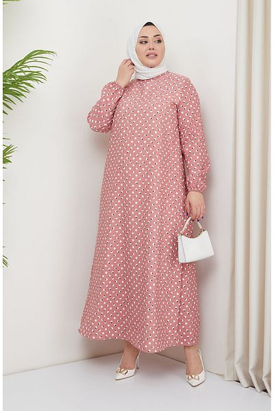 sefamerve Πουά Φόρεμα Plus Size - 0707-02 Πούδρα