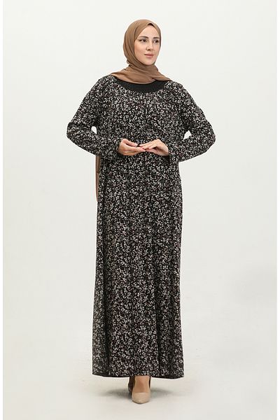 sefamerve Φόρεμα βισκόζης με λαιμόκοψη Plus Size - Μαύρο Πλακάκι 4430L-02