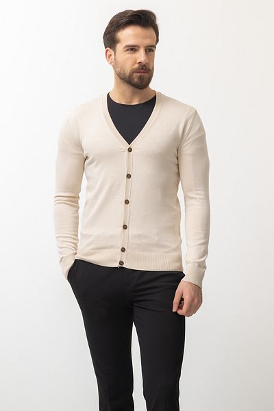 Mcr Plain Slim Fit Buttoned Knitwear Men's Cardigan Beige - 11228.22Y