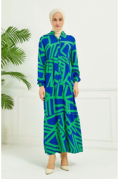 sefamerve Blue Green Geometric Patterned Dress - 4106-03