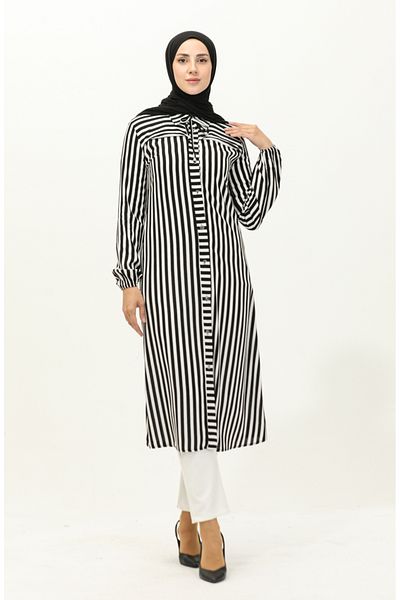 sefamerve Viscose Striped Tunic 2039-02 - Black and White