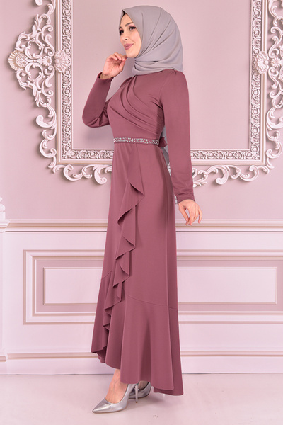 ModaMerve Dried Rose Belted Dress - Kbr5078