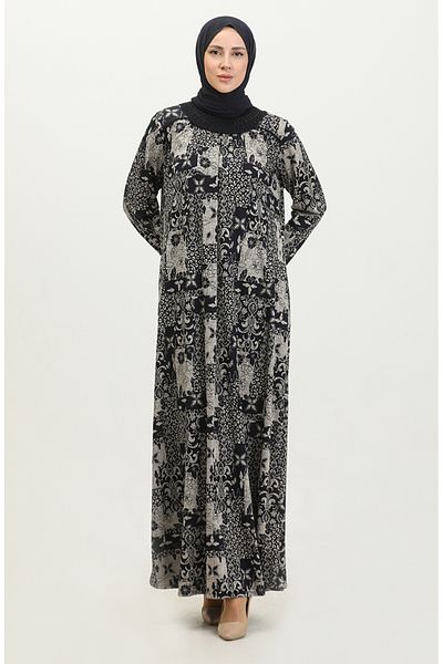 sefamerve Φόρεμα Navy Blue Viscose - Πέτρινο γιακά με λεπτομέρειες, Plus Size 4430M-01