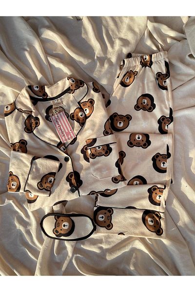 Serbella Cream Tedy Patterned Knitted Flannel Pajama Set
