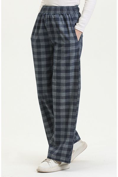 sefamerve Elastic Waist Plaid Pattern Jeans 2734-01 Light Navy