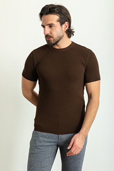 Mcr Ανδρικό πλεκτό μπλουζάκι με λεπτή εφαρμογή Crew Neck καφέ - 11442.23Y
