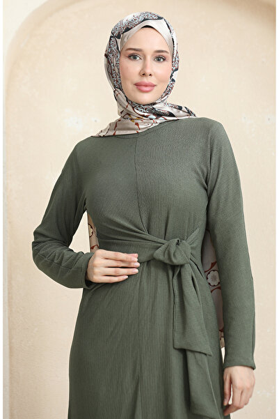 sefamerve Bürümcük Kumaş Yandan Bağlamalı Elbise 1017-05 Haki