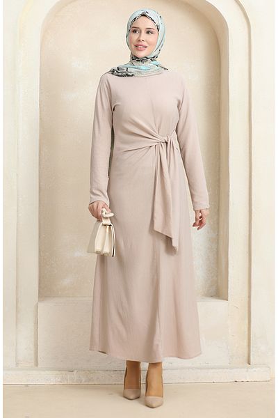 sefamerve Mink Color Wrap Fabric - Side Tie Φόρεμα 1017-03