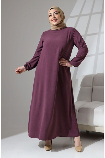 sefamerve Λιλά Plus Size Solid Φόρεμα - Ελαστικό μανίκι 0712-04
