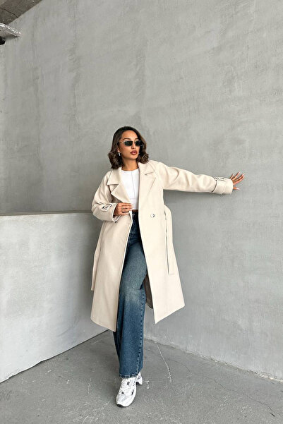 Neşeli Butik γυναικείο φόδρα μπεζ εισαγόμενο παλτό κασμίρ NBG048