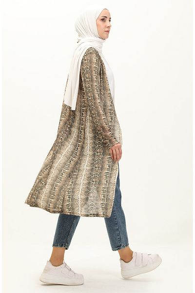sefamerve 8635-01 Model Brown Leopard Patterned Long Cardigan